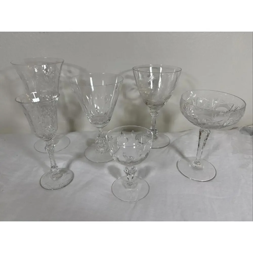 Vintage Etched Crystal Wine & Cocktail Glasses – Set of 6 Mismatched Lot